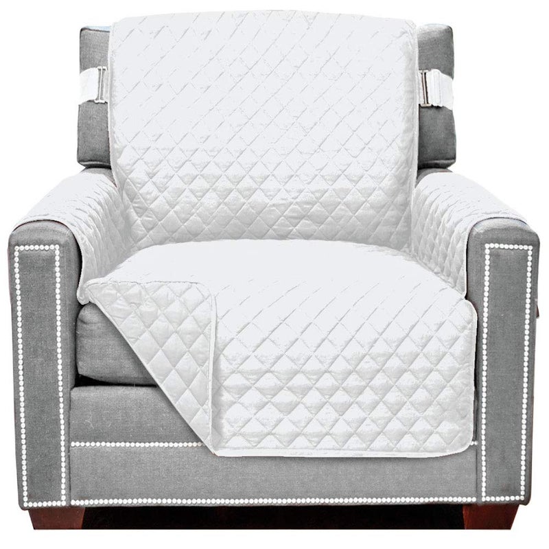 Sofa Shield Armchair Slip Cover with Patented Strap, Cushion Protector, US Designed Reversible Stain and Dog Tear Resistant Slipcover, 23 inch Seat, Washable Covers for Dogs Pets Kids, White - Image 1